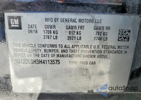 2017 Chevrolet Sonic Lt from USA, damaged, VIN 1G1JD5SH3H4113575